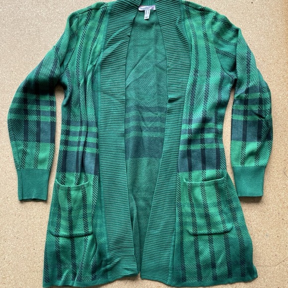 Isaac Mizrahi Sweaters - Isaac Mizrahi Live Cardigan Duster Women Medium Green Plaid Jacquard Open Front